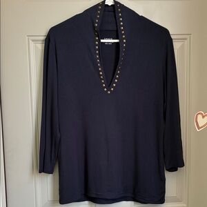 Grace Navy V-Neck Top with Stud Accents